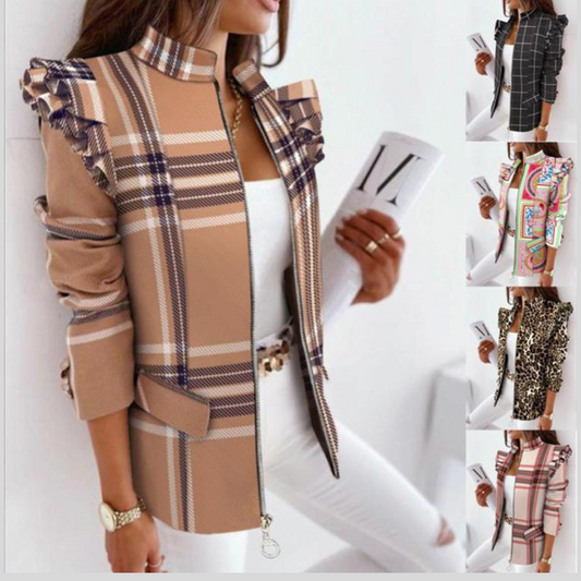 Autumn And Winter Ruffled Long Sleeve Zipper Printing Blazer