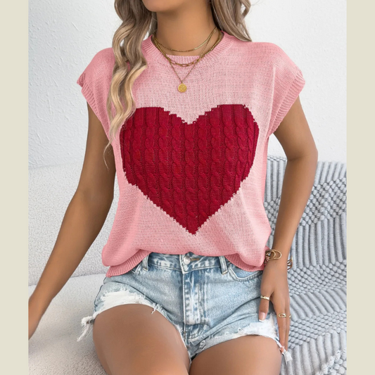 Cable Knit Heart Round Neck Cap Sleeve Knit Top