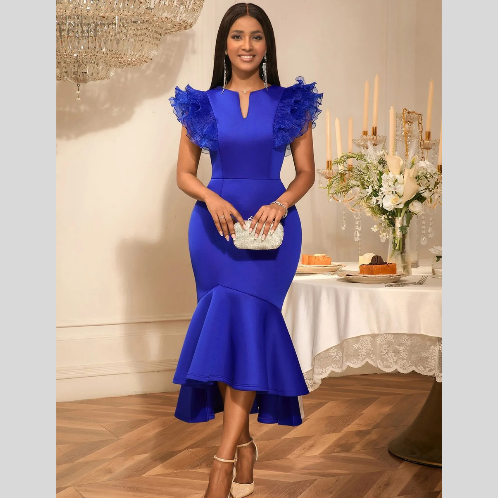 Banquet Temperament High Waist Lotus Leaf Pleated Short Sleeve Dress