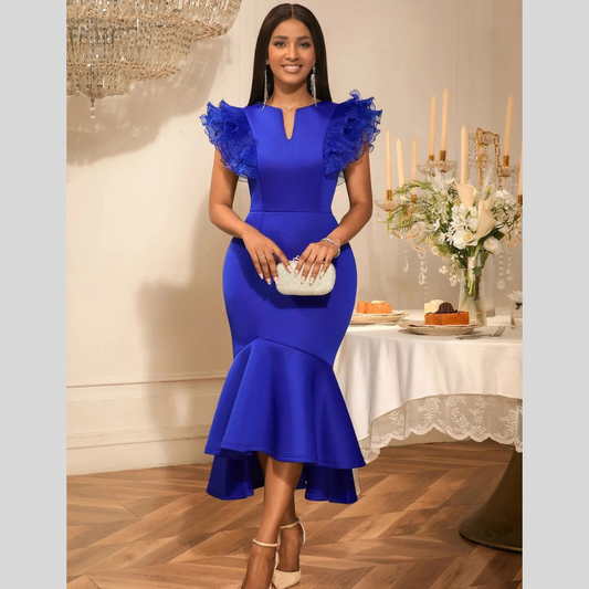 Banquet Temperament High Waist Lotus Leaf Pleated Short Sleeve Dress