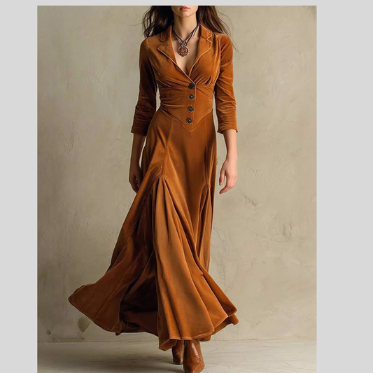 Velvet Button Front 3/4 Sleeve Maxi Dress