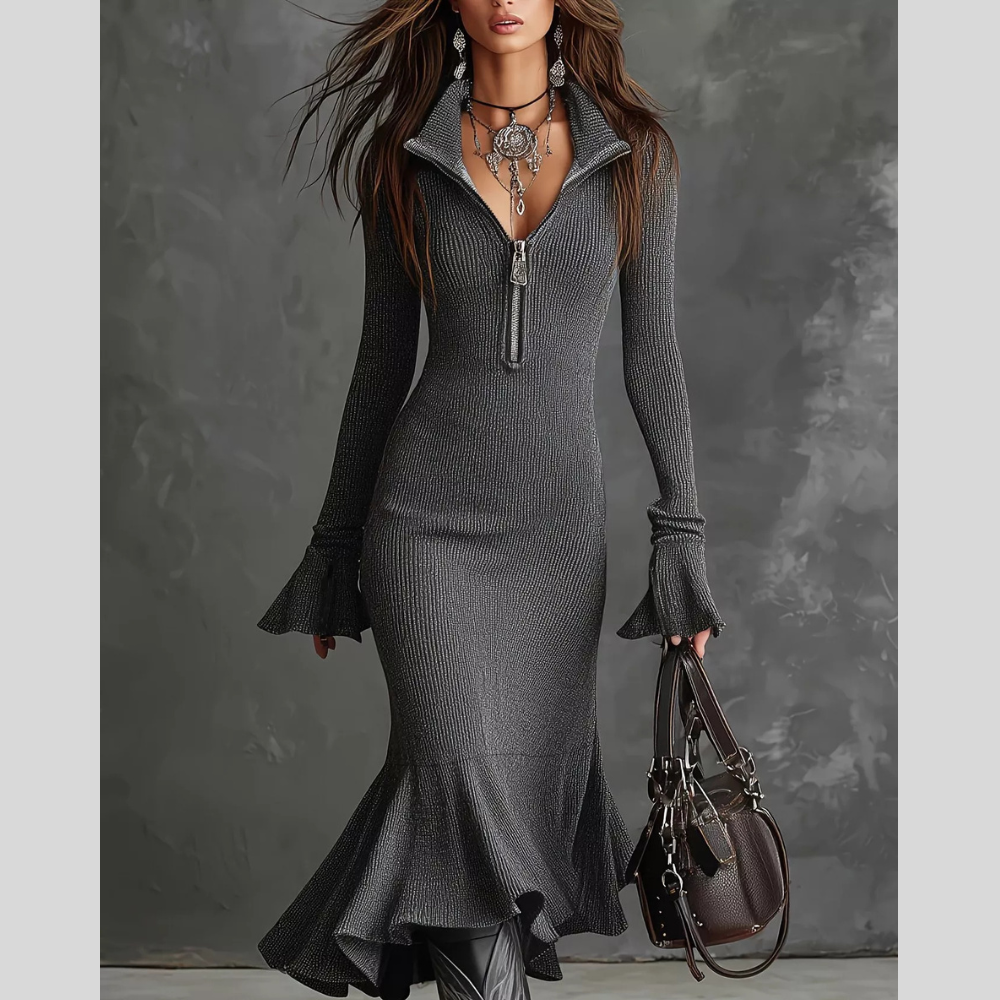 Full Size Quarter-Zip Mermaid Hem Knit Dress Plus Size