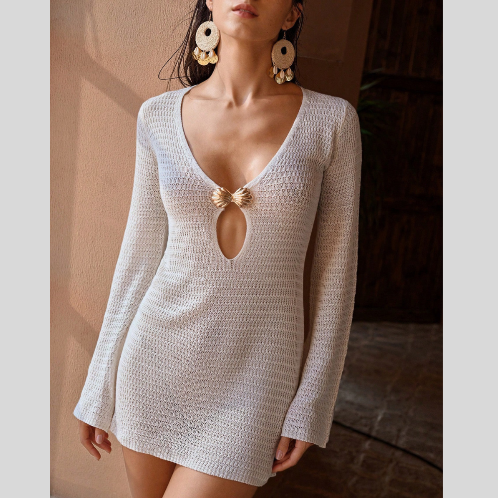 Crochet Knit Long Sleeve Cover-Up Dress