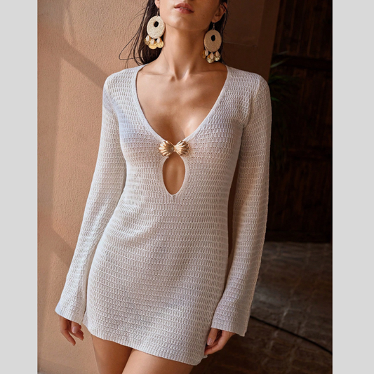 Crochet Knit Long Sleeve Cover-Up Dress