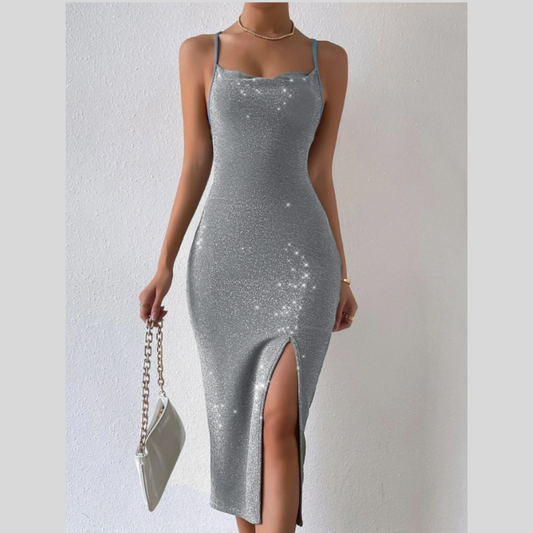 Women's Solid Color Bright Diamond Side Slit Suspender Dress-FREE USA SHIPPING