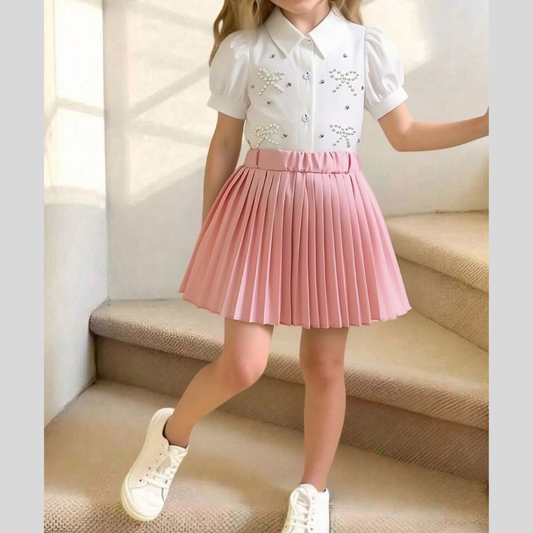 Children's Bow-Embellished Top & Pleated Skirt Set