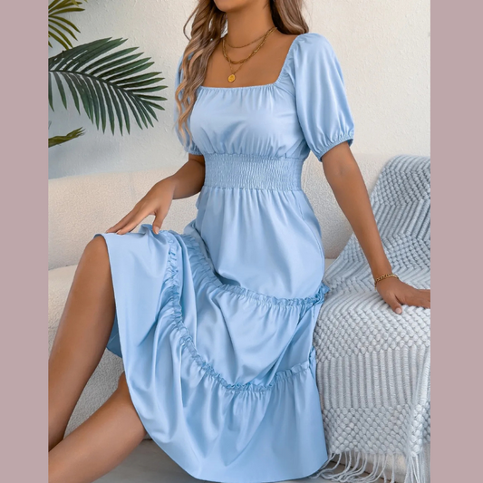 Square Neck Short Puff Sleeve Dress