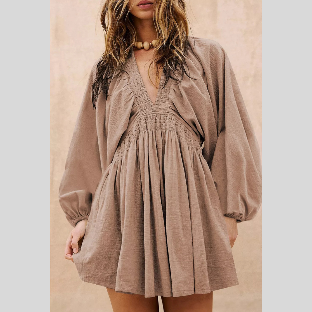 Smocked Bodice V-Neck Puff Sleeve Dress