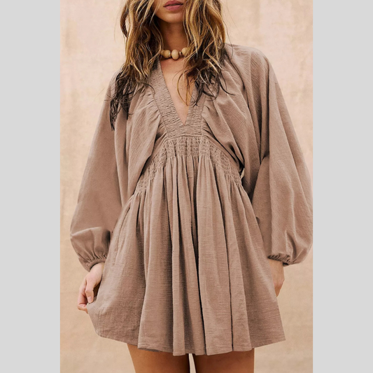 Smocked Bodice V-Neck Puff Sleeve Dress