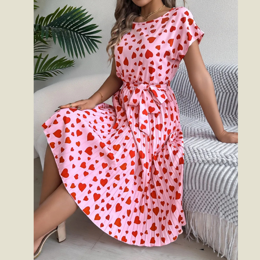Heart Print Short Sleeve Tie Waist Dress
