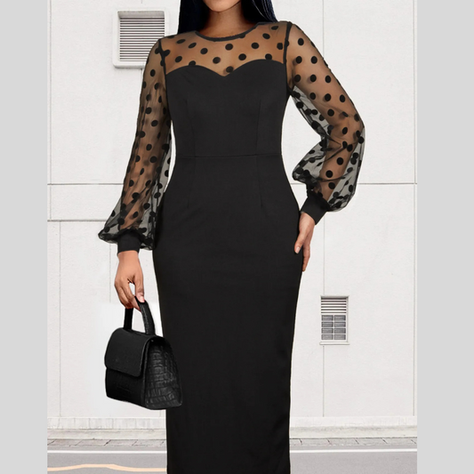 Women's Clothing Dot Mesh Patchwork Waist-slimming Sheath Long Sleeve Dress