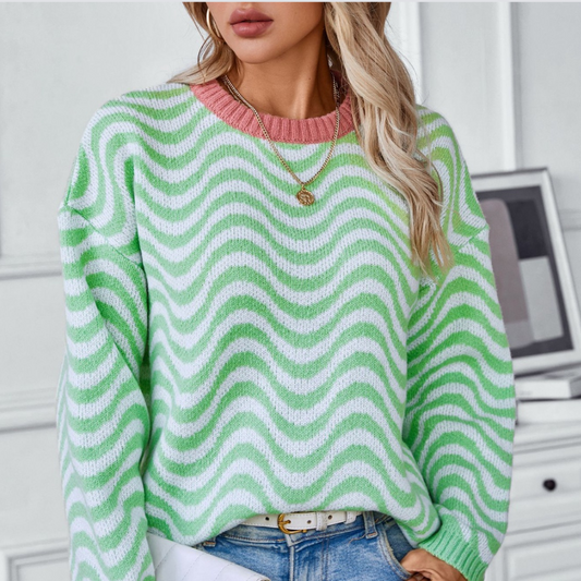 Wavy Stripes Round Neck Long Sleeve Sweater