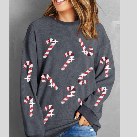 Sequin Candy Cane Round Neck Sweatshirt