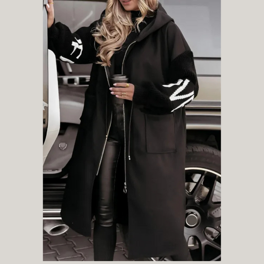 Hooded Windbreaker Long Jacket With Pockets And Drawstring Design Solid Color Knit-Sleeved Trench Coat For Women Clothing Fall Winter