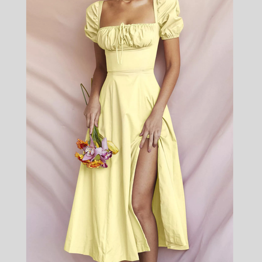 Puff Sleeve Tie Front Slit Midi Dress