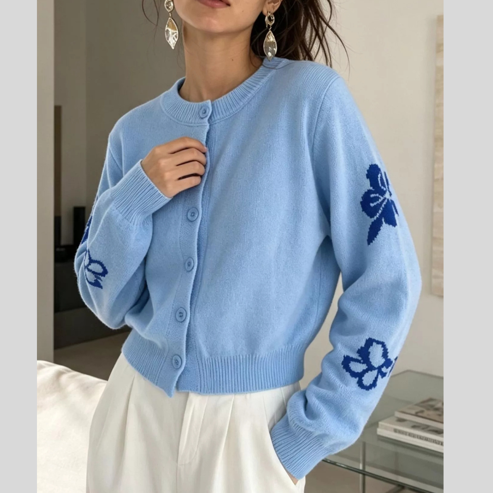 Floral Crew Neck Cropped Knit Cardigan