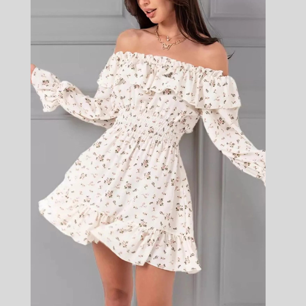 Off-Shoulder Floral Print Ruffle Dress
