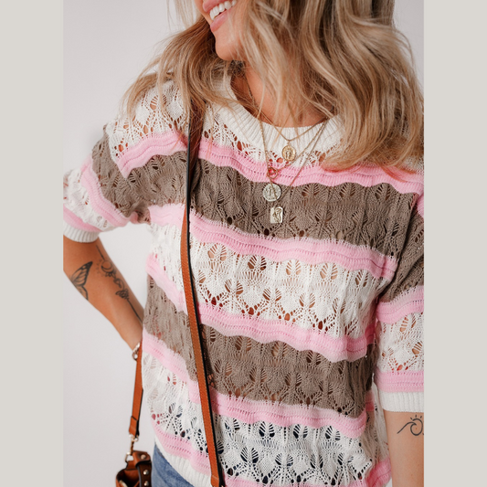 Color Block Openwork Half Sleeve Sweater