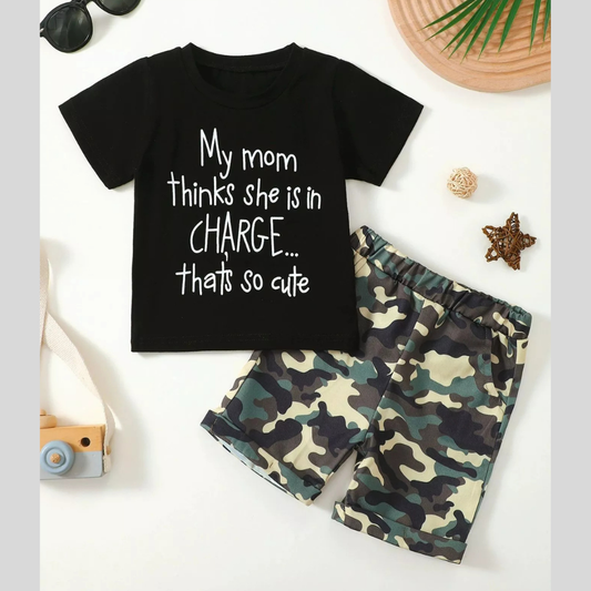 Children's Letter Graphic Tee and Camouflage Shorts Set