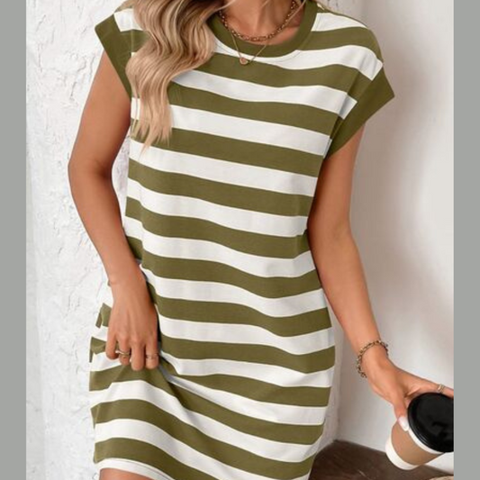 Contrast Striped Round Neck Short Sleeve Mini Dress