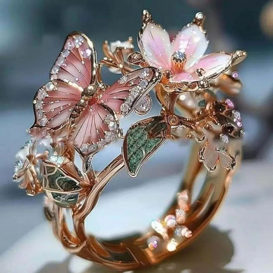 Flower Butterfly Ring With Rhinestones And Oil Dropping Design Fashion Personalized Jewelry For Women