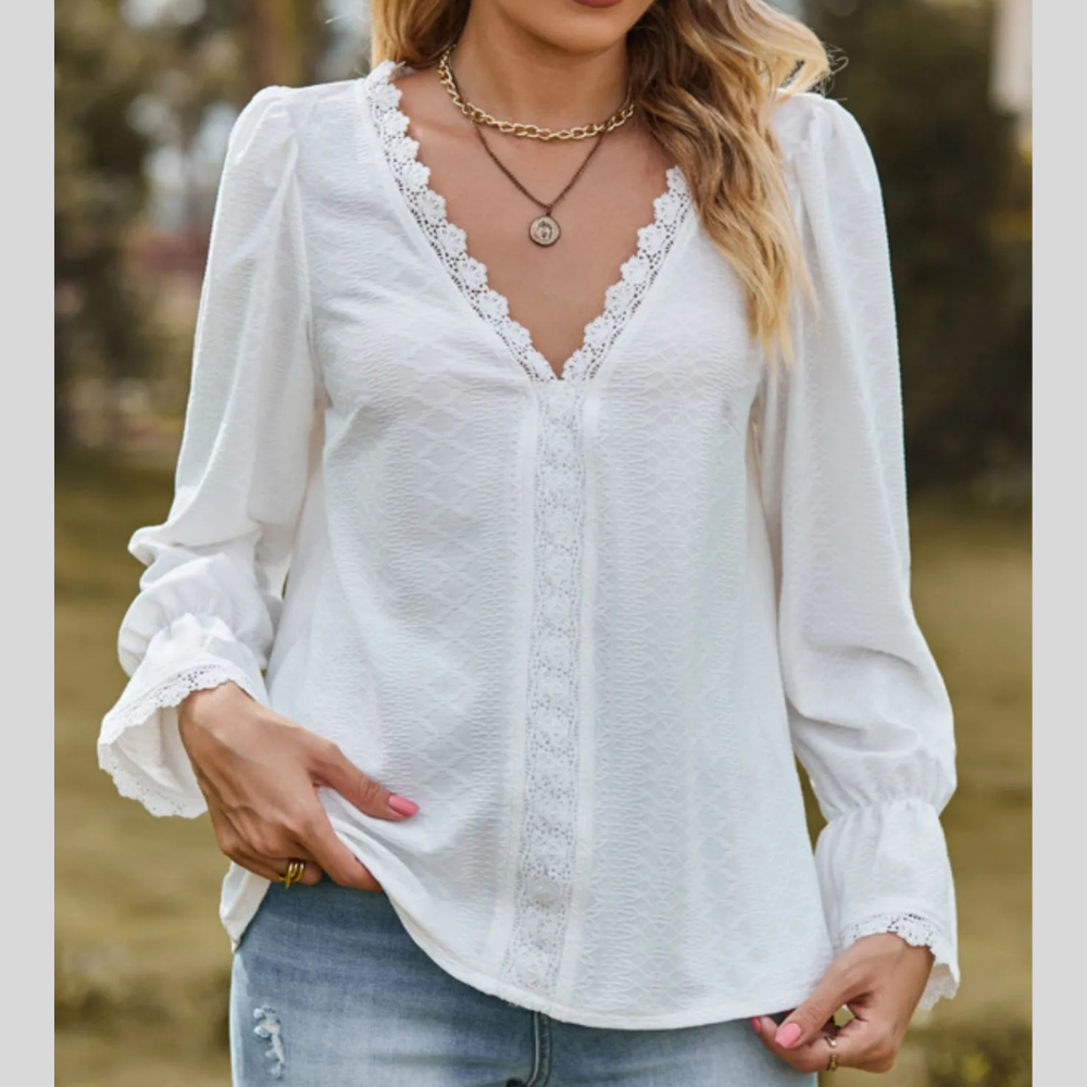 Lace Trim V-Neck Blouse with Flounce Sleeves