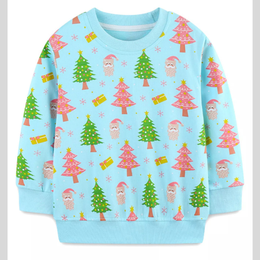 Children's Christmas Tree & Santa Print Crew Neck Sweatshirt