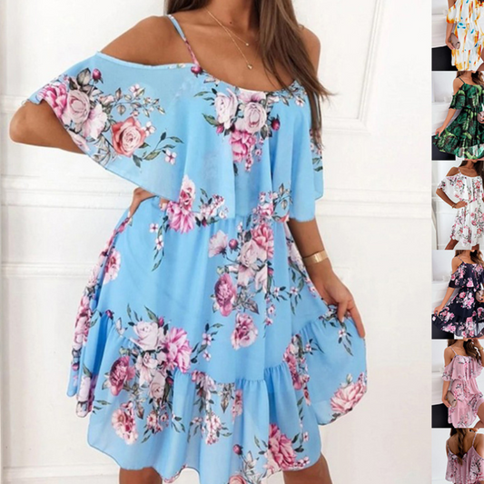 Flower Printed Ruffled Suspender Dress Summer Off-the-shoulder Strap Dresses Women