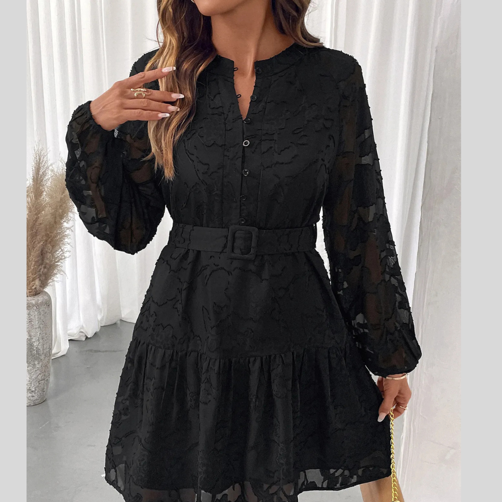 Button-Front Balloon Sleeve Mini Dress