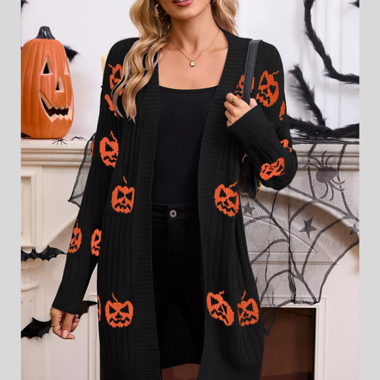 Halloween Pumpkin Open Front Knit Cardigan