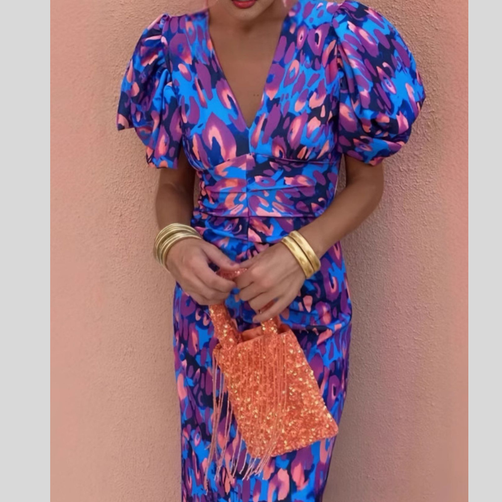 Full Size V-Neck Puff Sleeve Midi Dress Plus Size