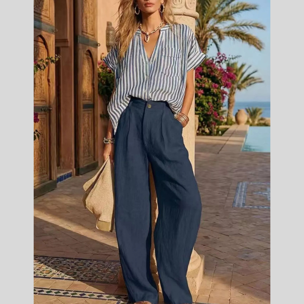 Full Size Striped Button Up Shirt and Pants Set Plus Size