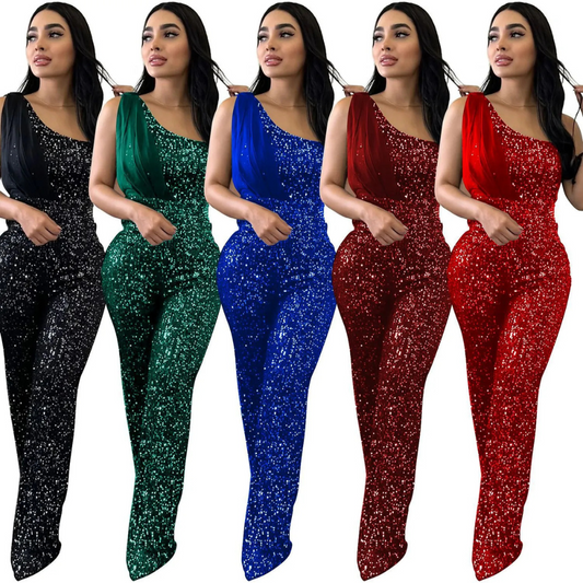 Women's Solid Color Sleeveless One-shoulder Sequined Trousers Jumpsuit
