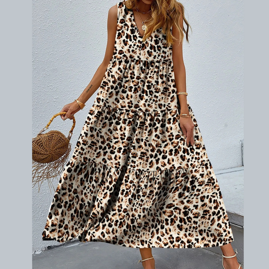 Printed V-Neck Tiered Maxi Tank Dress