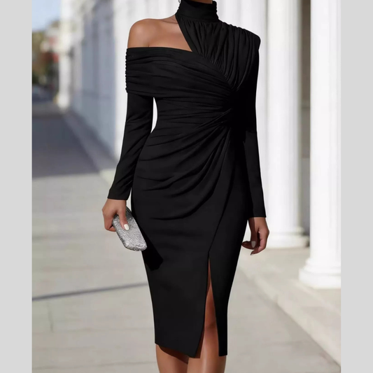 Full Size One-Shoulder High Neck Slit Dress Plus Size