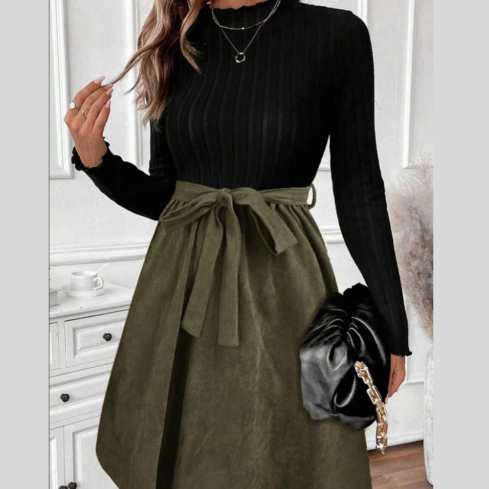 Ribbed Tie Waist A-Line Dress