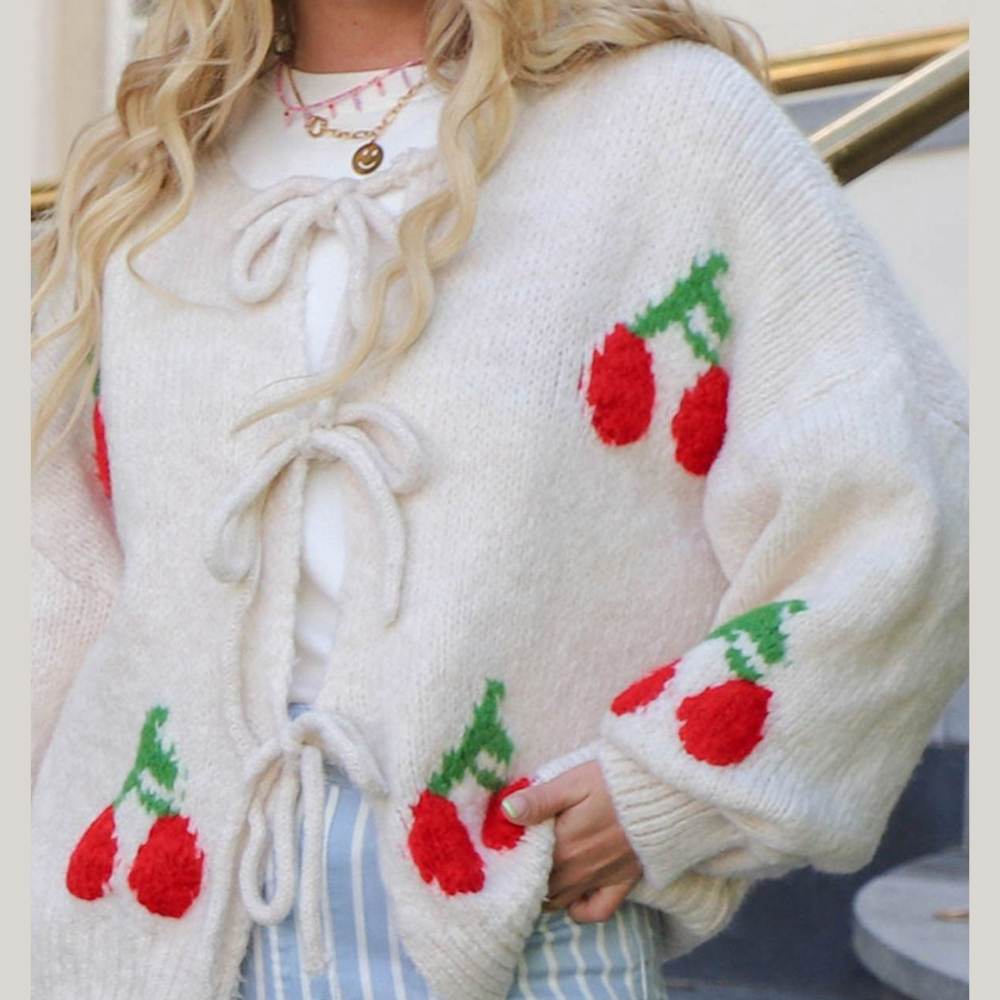 Tied Cherry Round Neck Long Sleeve Cardigan