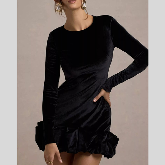 Velvet Ruched Hem Long Sleeve Dress