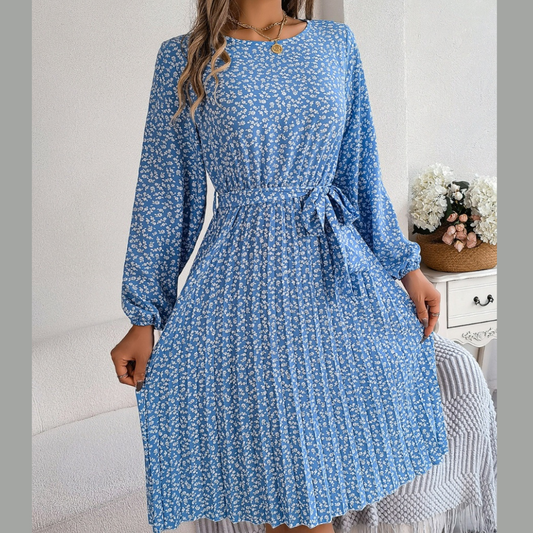 Ditsy Floral Tie Waist Pleated Dress