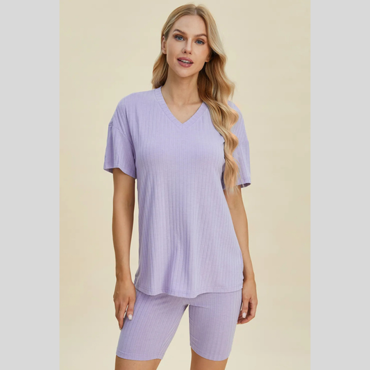 Basic Bae Full Size Ribbed V-Neck Short Sleeve Top and Shorts Set