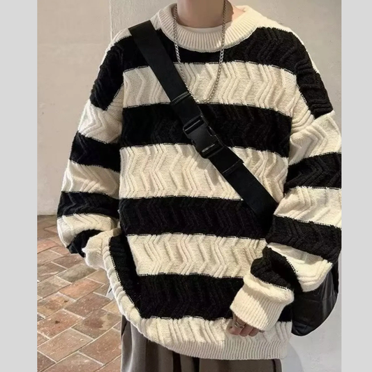 Men's Oversized Striped Textured Knit Sweater