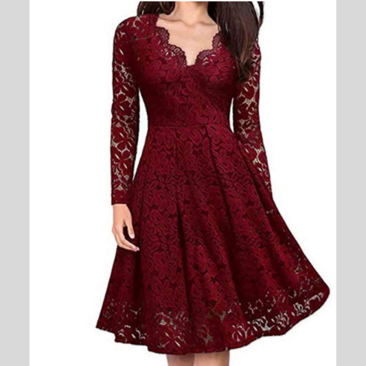 Elegant V-Neck Lace Off-Shoulder Dress – Long Sleeve Party Wear for Women