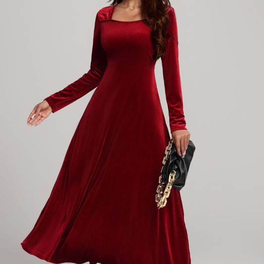Square Neck Long Sleeve Velvet Dress