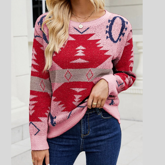 Geometric Round Neck Long Sleeve Sweater