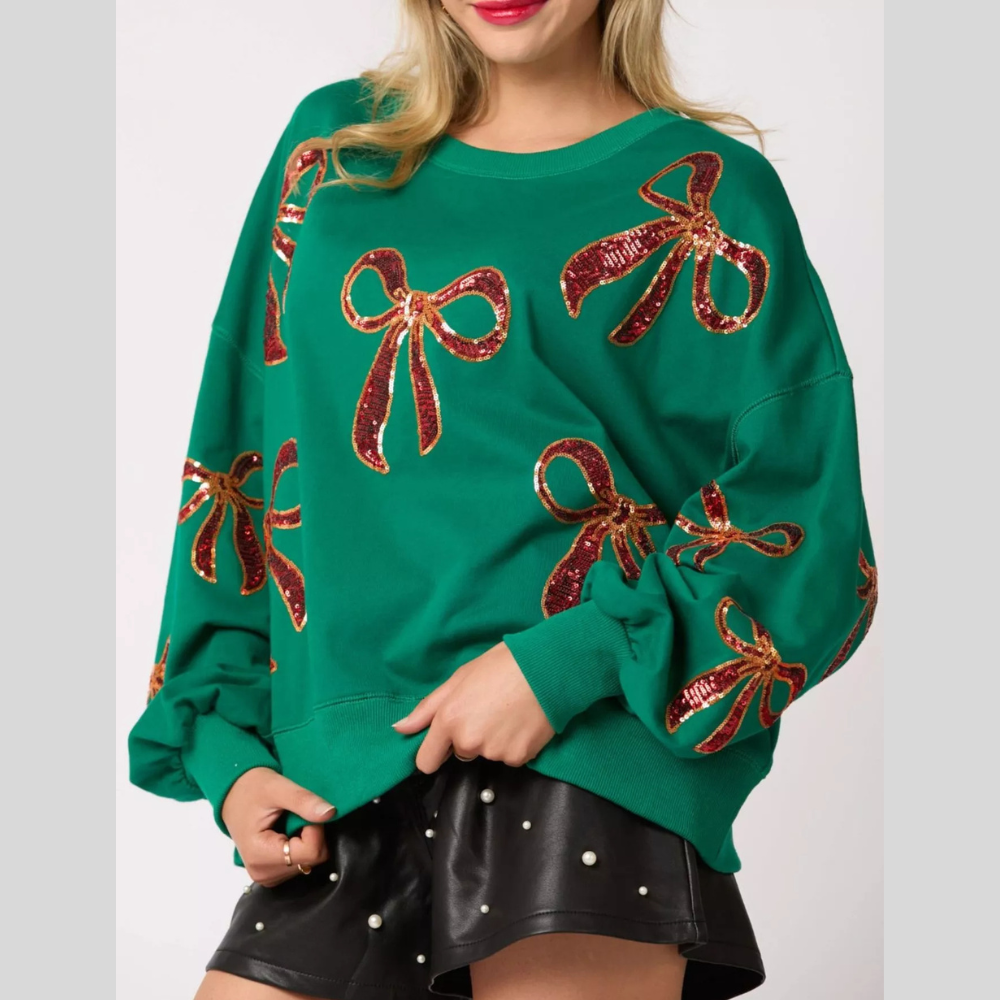 Christmas Sequin Bow Round Neck Sweatshirt