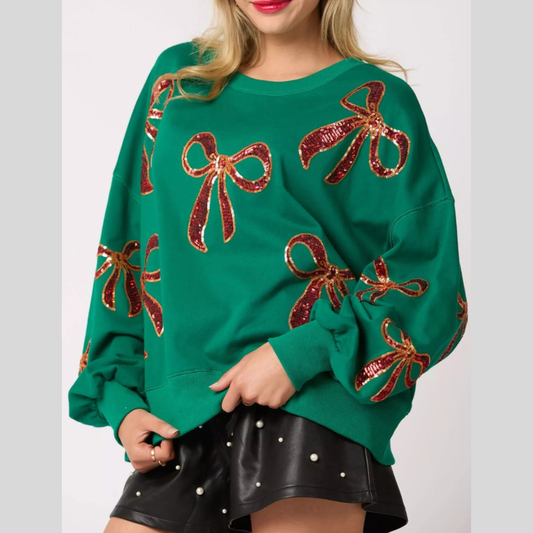 Christmas Sequin Bow Round Neck Sweatshirt