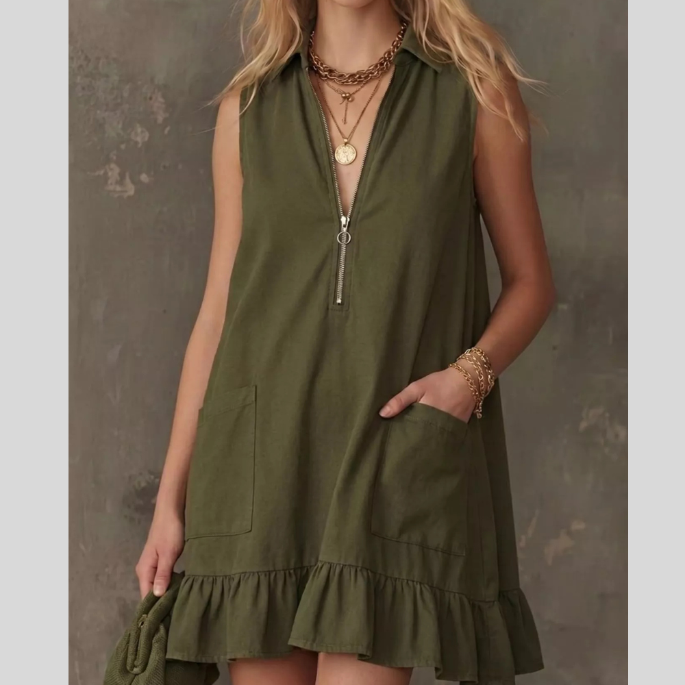 Sleeveless Collared Zip-Front Ruffle Hem Dress