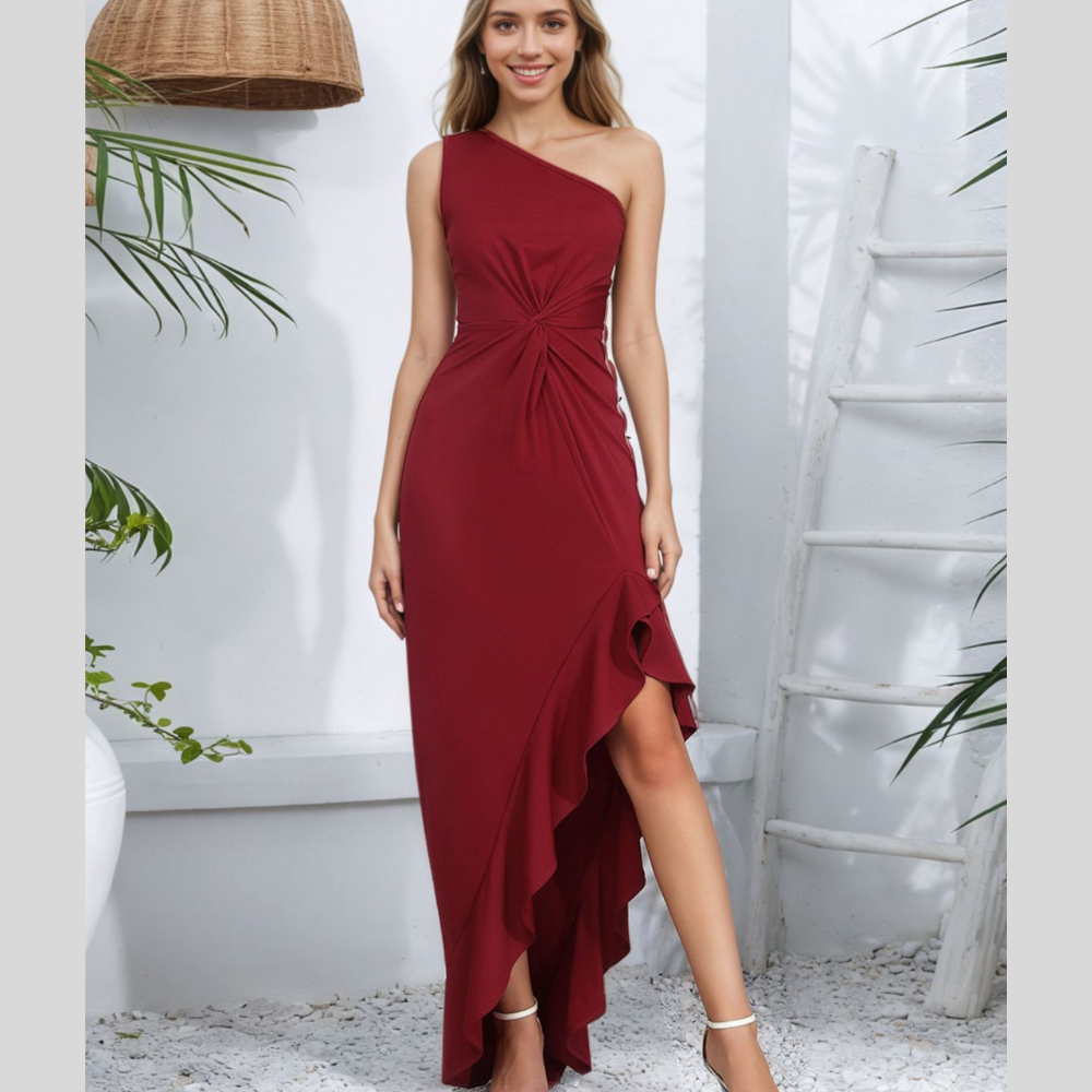 One-Shoulder Ruffle Hem Maxi Dress