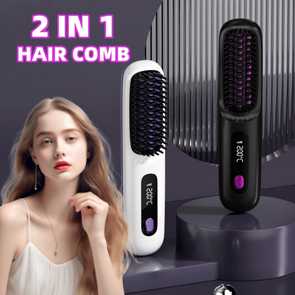 2 In 1 Straight Hair Comb Wireless Hair Straightener Brush Hair Fast Heating Portable Hot Curler USB Charging