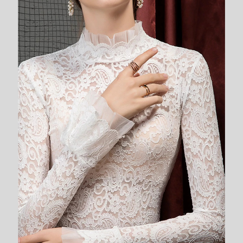 Full Size Lace Mock Neck Long Sleeve Blouse Plus Size